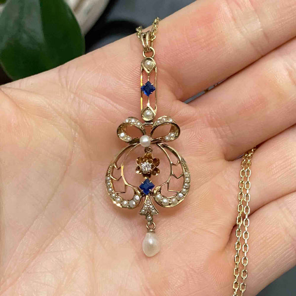 Antique Art Nouveau 14K Gold Diamond Sapphire Bow Lavaliere Necklace - Boylerpf