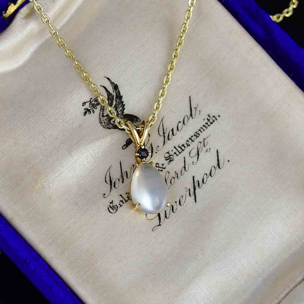 14K Gold Blue Sapphire Moonstone Pendant Necklace - Boylerpf