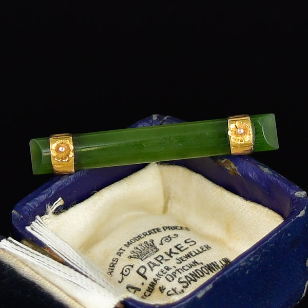 Antique Jade 9K Gold Forget Me Not Bar Brooch