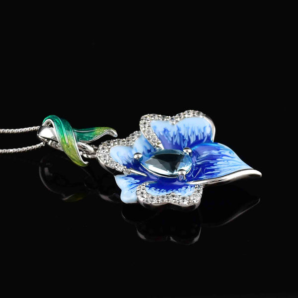 Vintage Sterling Silver Enamel Blue Topaz Flower Pendant Necklace - Boylerpf