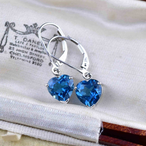 Vintage White Gold Blue Topaz Heart Earrings - Boylerpf