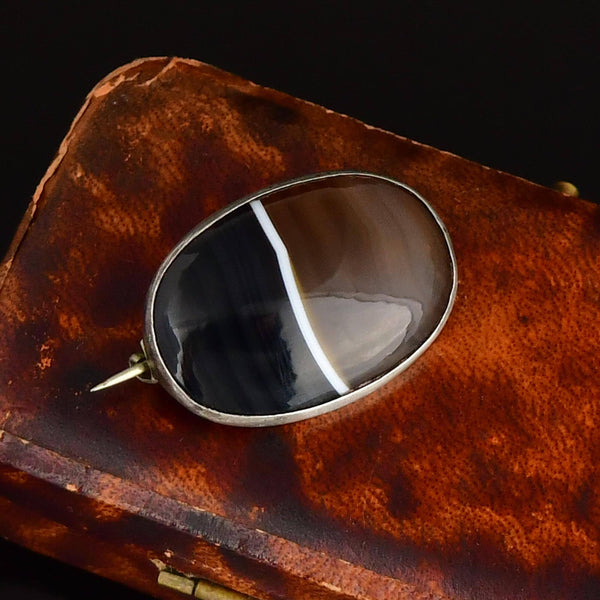 Antique Victorian Silver Scottish Banded Agate Brooch
