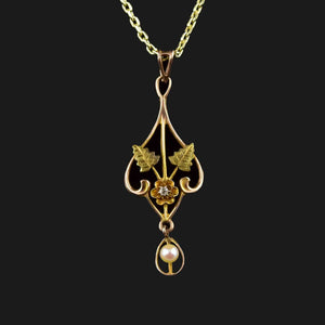 10K Gold Leaf Diamond Pearl Lavalier Pendant Necklace - Boylerpf