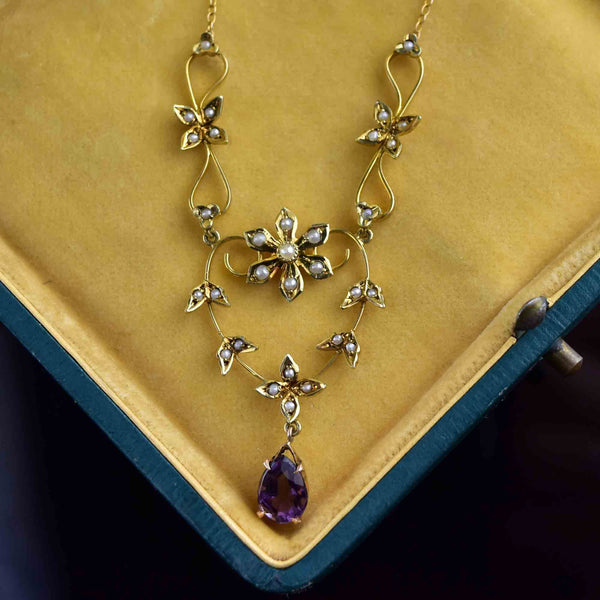Antique 14K Gold Amethyst Pearl Lavalier Necklace - Boylerpf