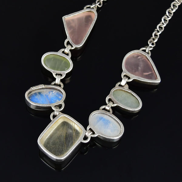 Vintage Silver Green, Rutilated, & Rose Quartz Necklace - Boylerpf