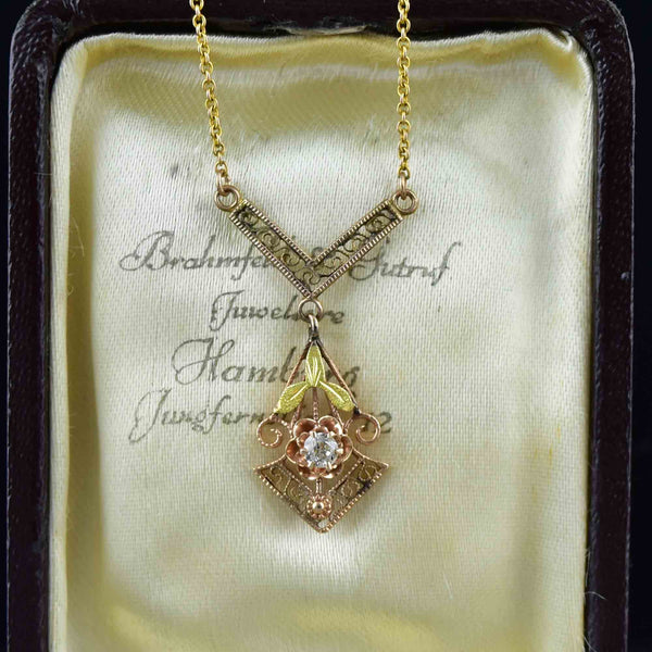 Antique Edwardian Filigree 10K Gold Buttercup Diamond Necklace - Boylerpf