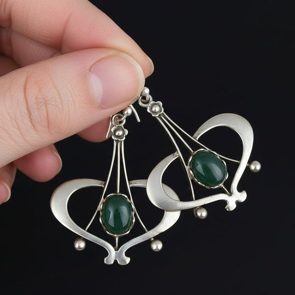 Vintage Arts & Crafts Silver Moss Agate Dangle Earrings