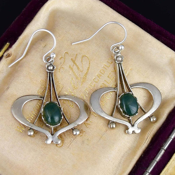 Vintage Arts & Crafts Silver Moss Agate Dangle Earrings