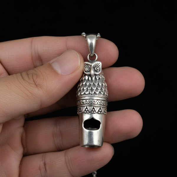 Vintage Owl Whistle Pendant Sterling Silver Necklace