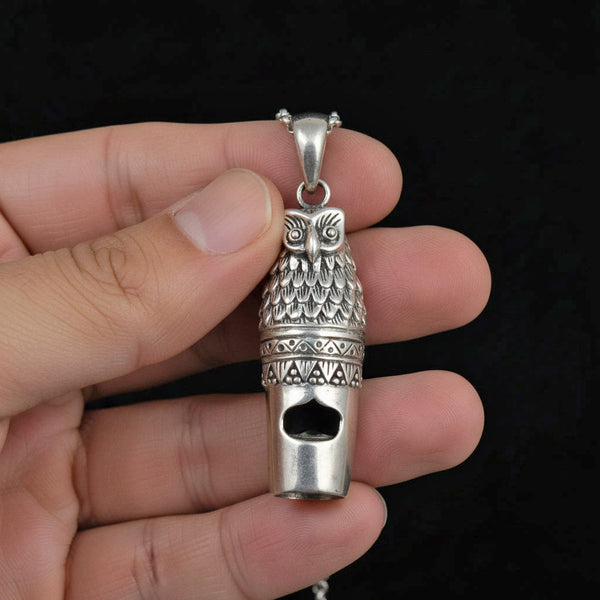 Vintage Owl Whistle Pendant Sterling Silver Necklace