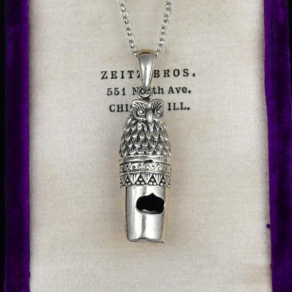 Vintage Owl Whistle Pendant Sterling Silver Necklace