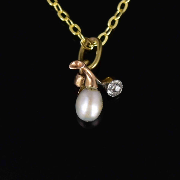 Antique Edwardian 14K Gold Diamond Pearl Charm Pendant Necklace - Boylerpf