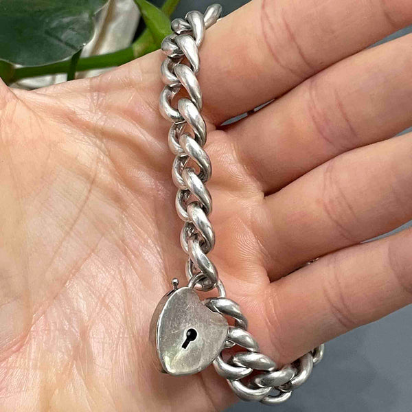 Antique Silver Heart Padlock Curb Chain Victorian Bracelet - Boylerpf