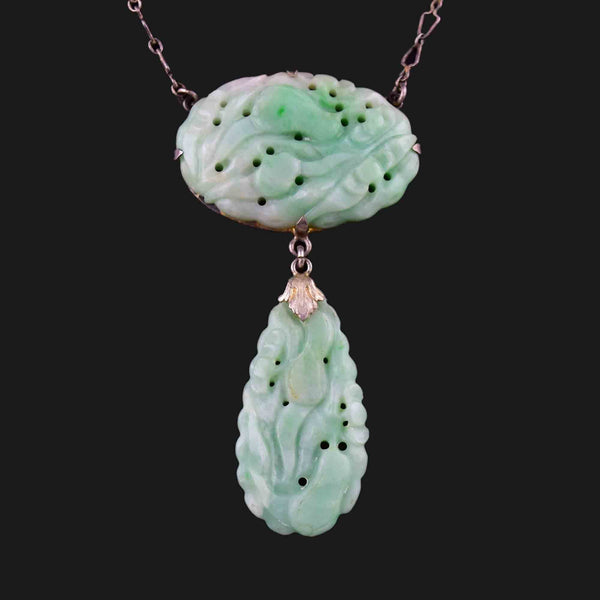 Vintage Art Deco Carved Natural Jade Pendant Necklace - Boylerpf