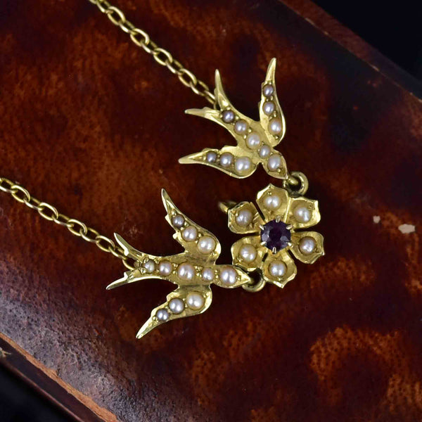 14K Gold Edwardian Amethyst Seed Pearl Swallow Bird Necklace - Boylerpf