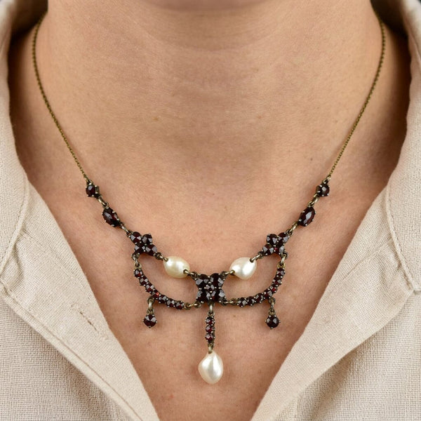 Antique Bohemian Garnet Pearl Victorian Necklace