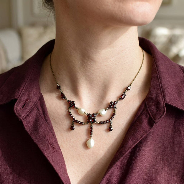 Antique Bohemian Garnet Pearl Victorian Necklace