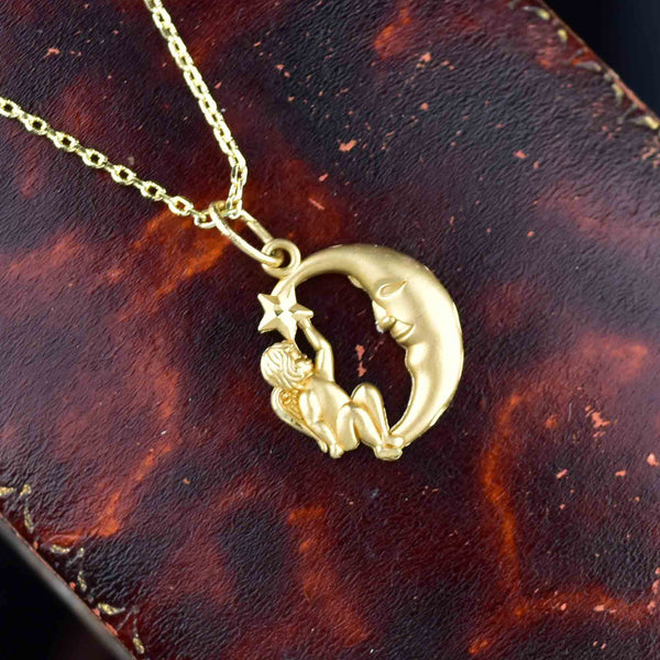14K Gold Man in the Moon Cherub Pendant Necklace - Boylerpf