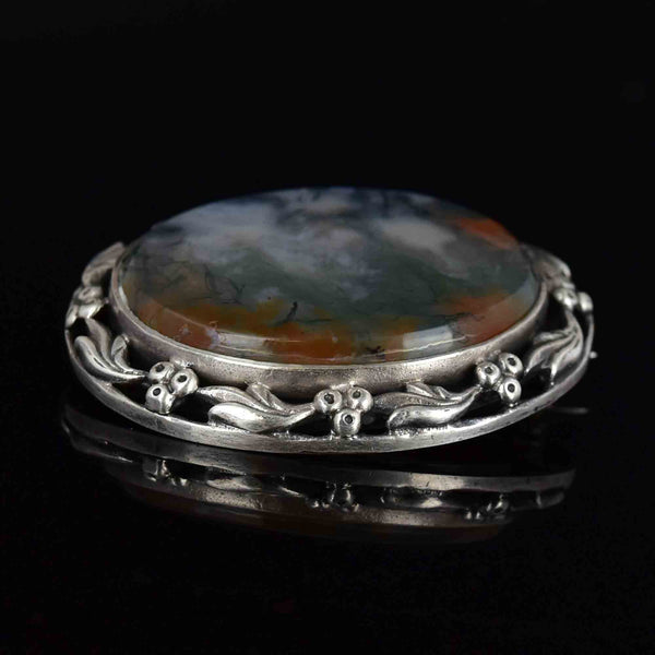 Silver Arts and Crafts Grape Leaf Scottish Moss Agate Brooch - Boylerpf