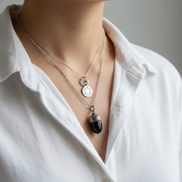 Antique Arts & Crafts Silver Whitby Jet Acorn Charm Necklace