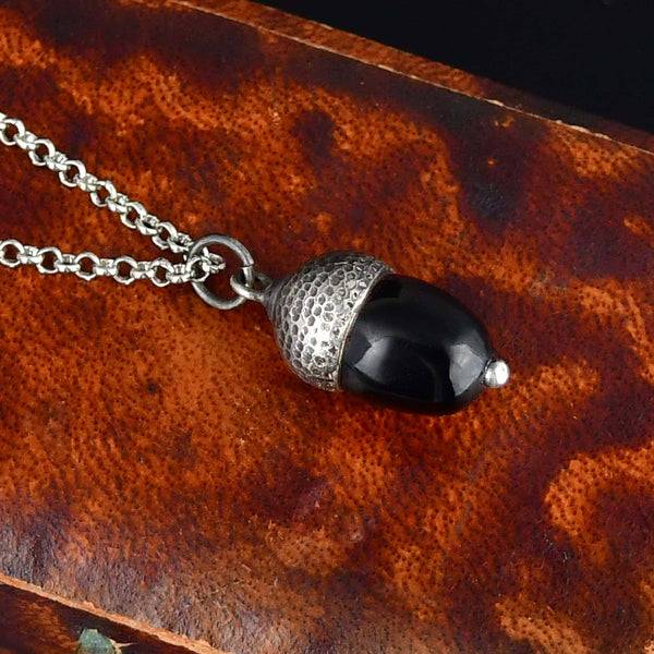 Antique Arts & Crafts Silver Whitby Jet Acorn Charm Necklace