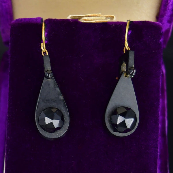 Antique Victorian Carved Whitby Jet Earrings - Boylerpf