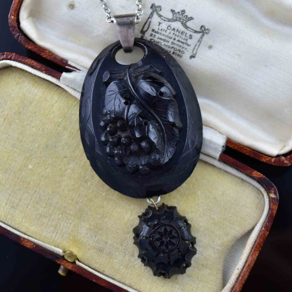 Antique Victorian Carved Whitby Jet Grape Pendant Necklace - Boylerpf