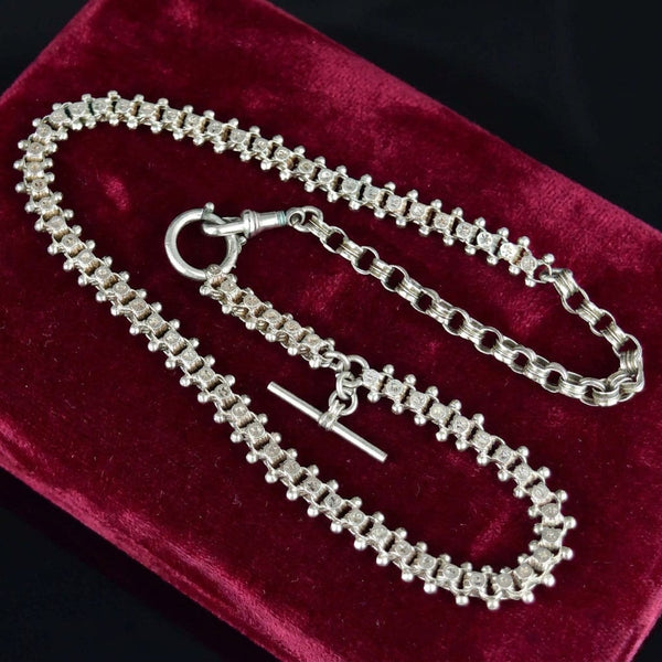 Antique Victorian Sterling Silver Star Engraved Watch Chain Necklace