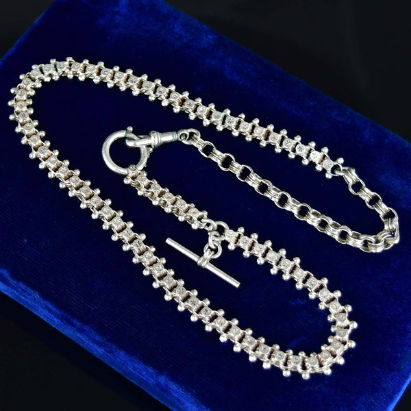 Antique Victorian Sterling Silver Star Engraved Watch Chain Necklace