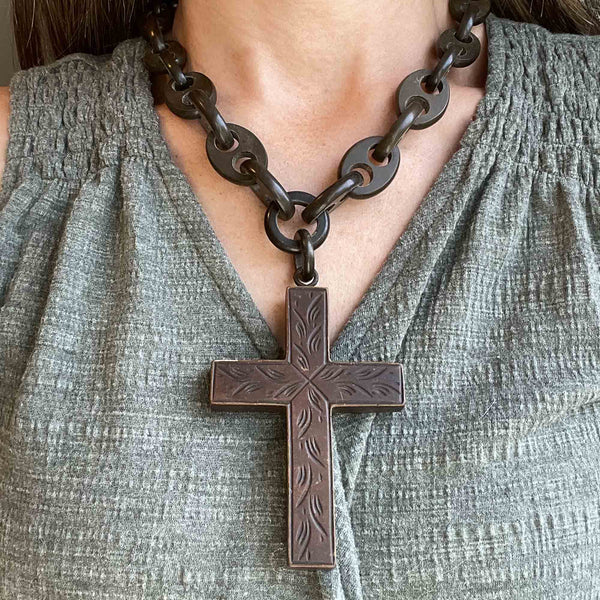 Large Victorian Gutta Percha Cross Pendant Necklace - Boylerpf