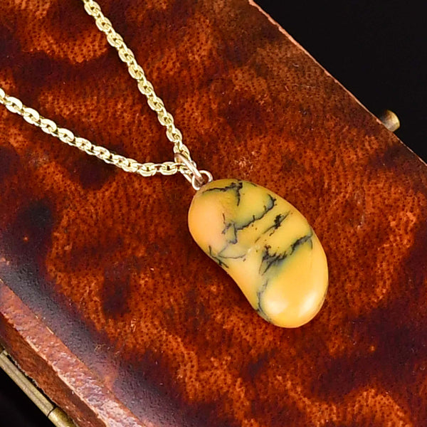 Vintage 9K Gold Dendritic Honey Opal Lucky Bean Necklace