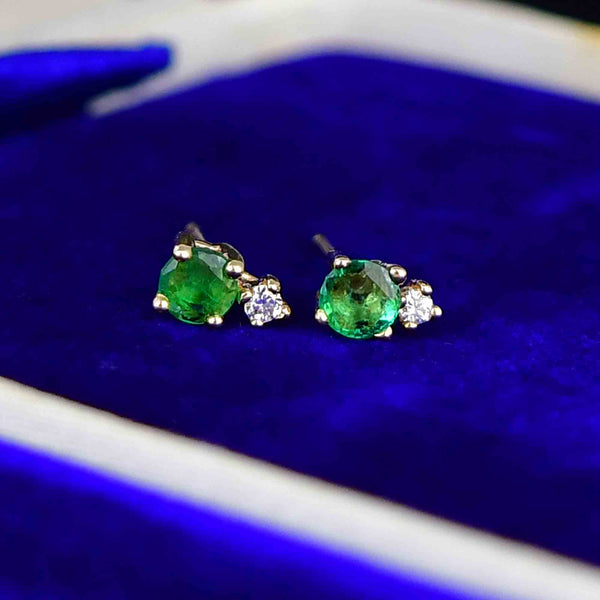 Vintage 14K Gold Diamond Emerald Stud Post Earrings - Boylerpf