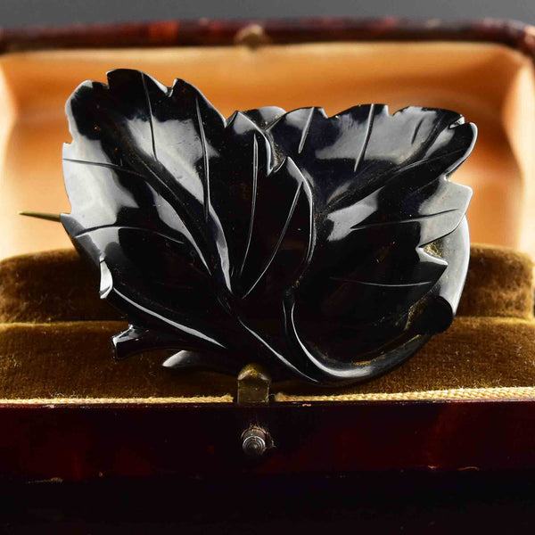 Antique Victorian Carved Whitby Jet Double Ivy Leaf Brooch - Boylerpf