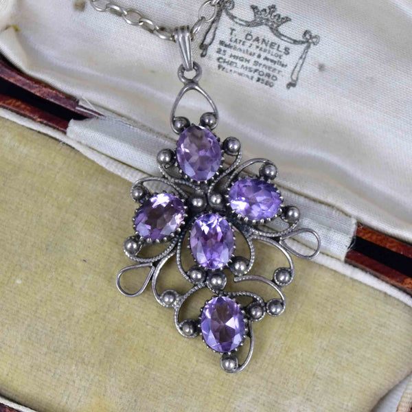 Vintage Sterling Silver Amethyst Scroll Pendant Necklace - Boylerpf