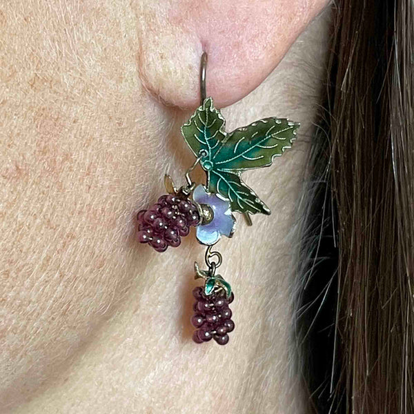 Vintage Silver Amethyst Raspberry Enamel Leaf Earrings - Boylerpf