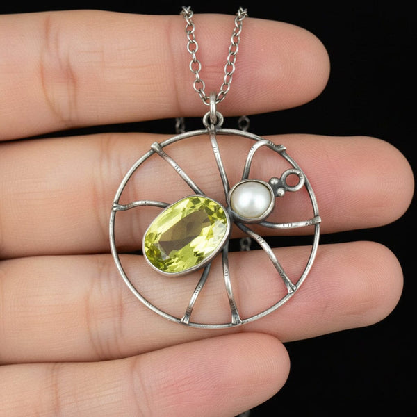 Antique Sterling Silver Peridot Pearl Spider Necklace