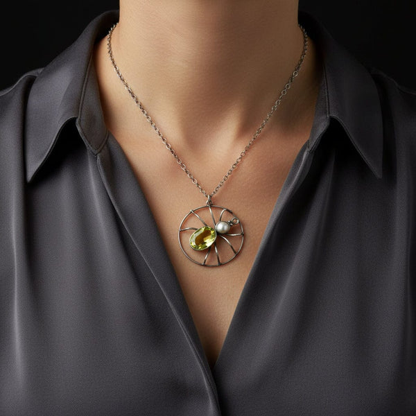 Antique Sterling Silver Peridot Pearl Spider Necklace