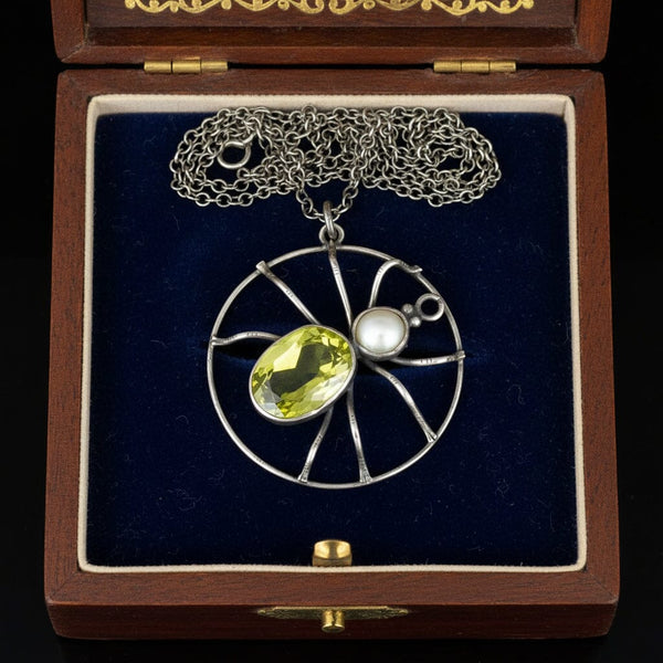 Antique Sterling Silver Peridot Pearl Spider Necklace