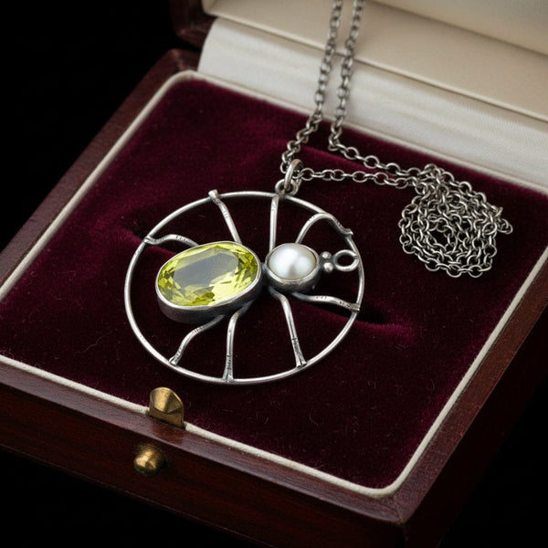Antique Sterling Silver Peridot Pearl Spider Necklace