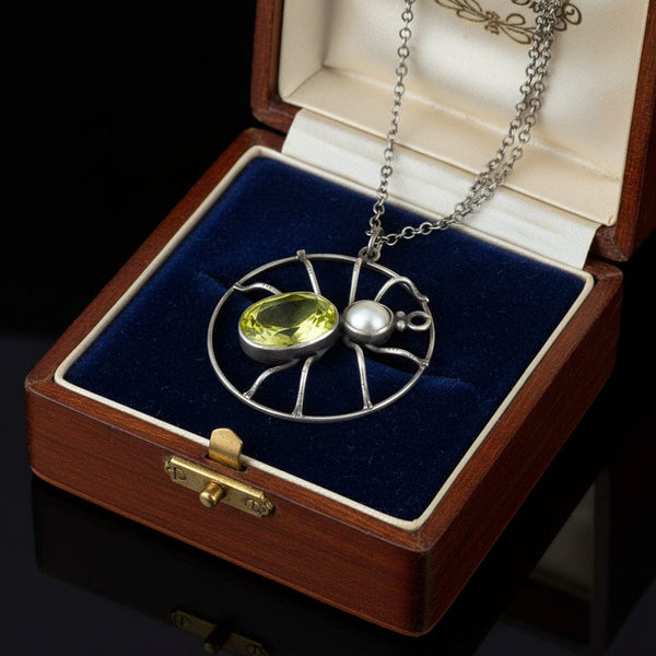 Antique Sterling Silver Peridot Pearl Spider Necklace