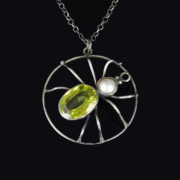 Antique Sterling Silver Peridot Pearl Spider Necklace