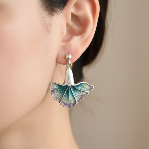 Antique Sterling Silver Enamel Ginkgo Leaf Earrings - Boylerpf