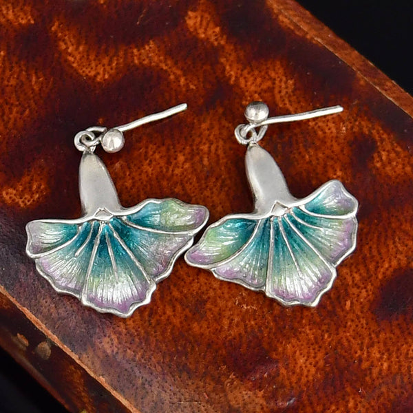 Antique Sterling Silver Enamel Ginkgo Leaf Earrings - Boylerpf