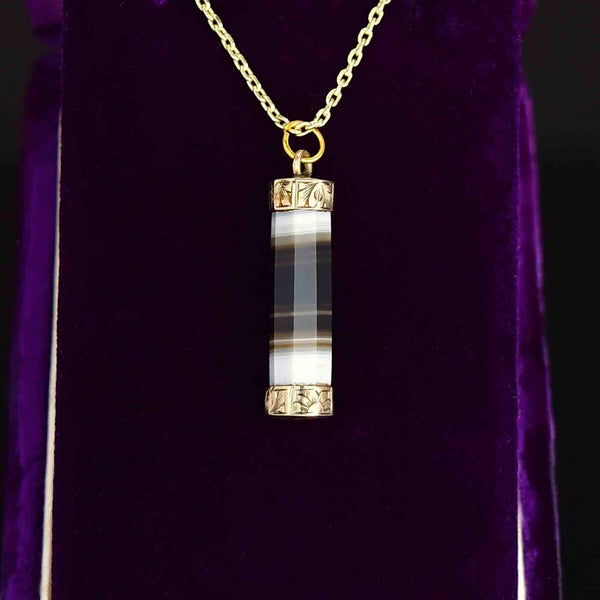 Antique Victorian Gold Floral Banded Agate Barrel Pendant Necklace - Boylerpf