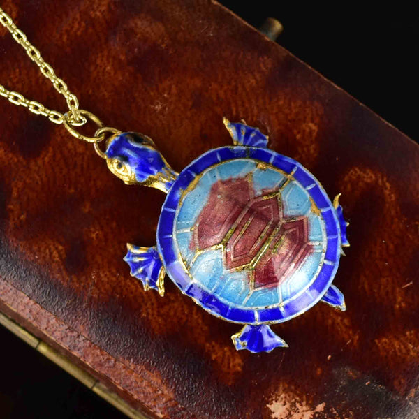 Vintage Blue Enamel Articulated Turtle Pendant Necklace - Boylerpf