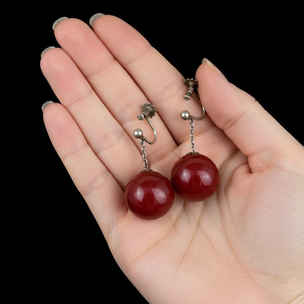 Vintage Art Deco Cherry Amber Ball Silver Screw Back Earrings