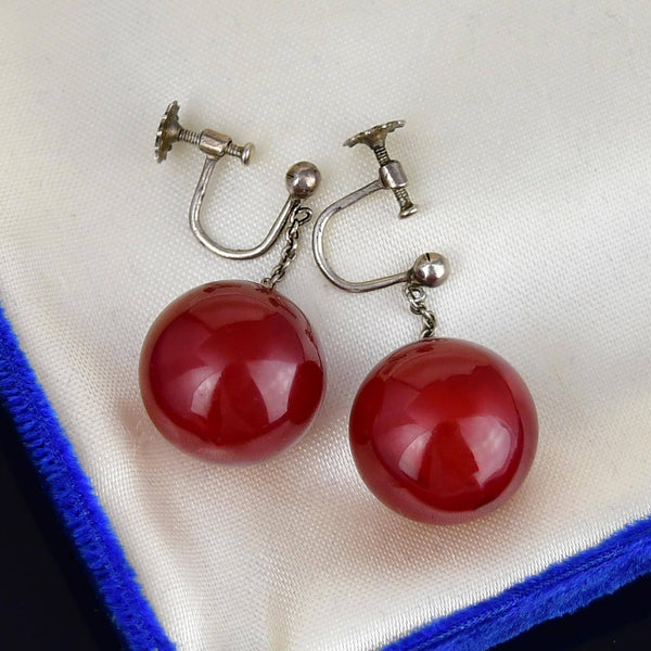 Vintage Art Deco Cherry Amber Ball Silver Screw Back Earrings