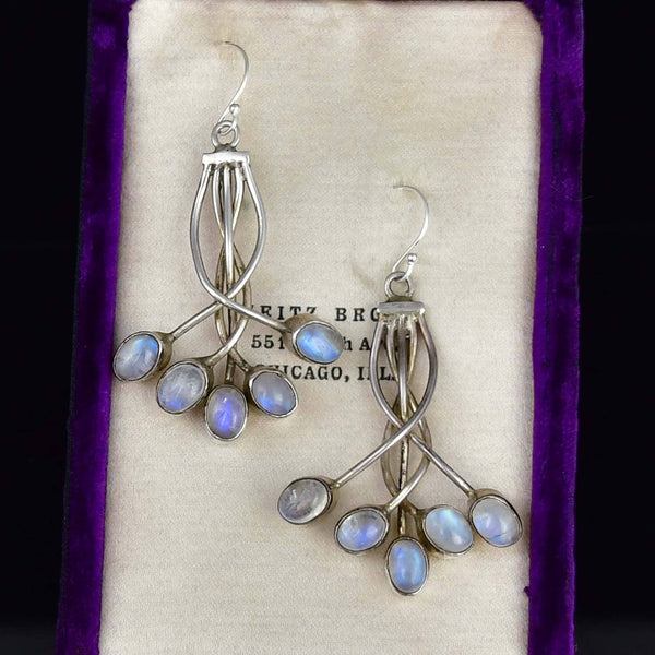 Vintage Moonstone Cabochon Sterling Silver Drop Earrings