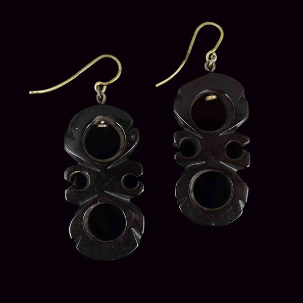 Antique Victorian Carved Whitby Jet Geometric Drop Earrings - Boylerpf