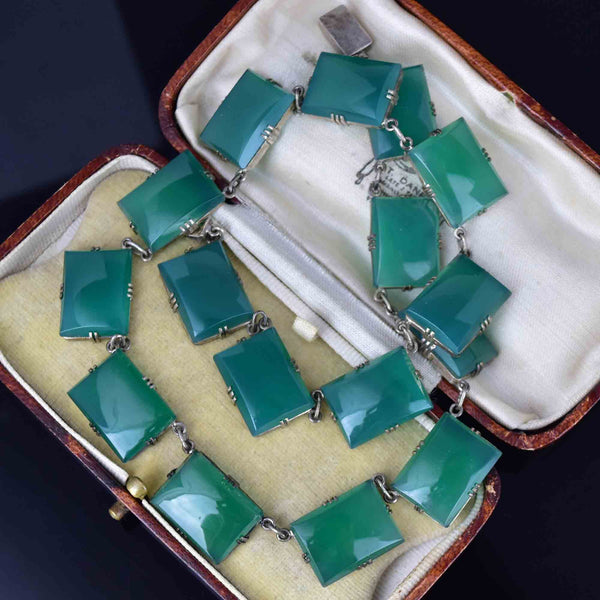 Art Deco Silver Chrysoprase Chalcedony Chain Necklace - Boylerpf